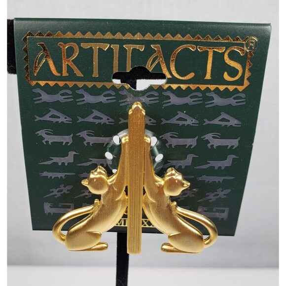 Vintage 1986 JJ Jonette Gold Tone Cat BookEnds Artifacts Brooch - Picture 3 of 7